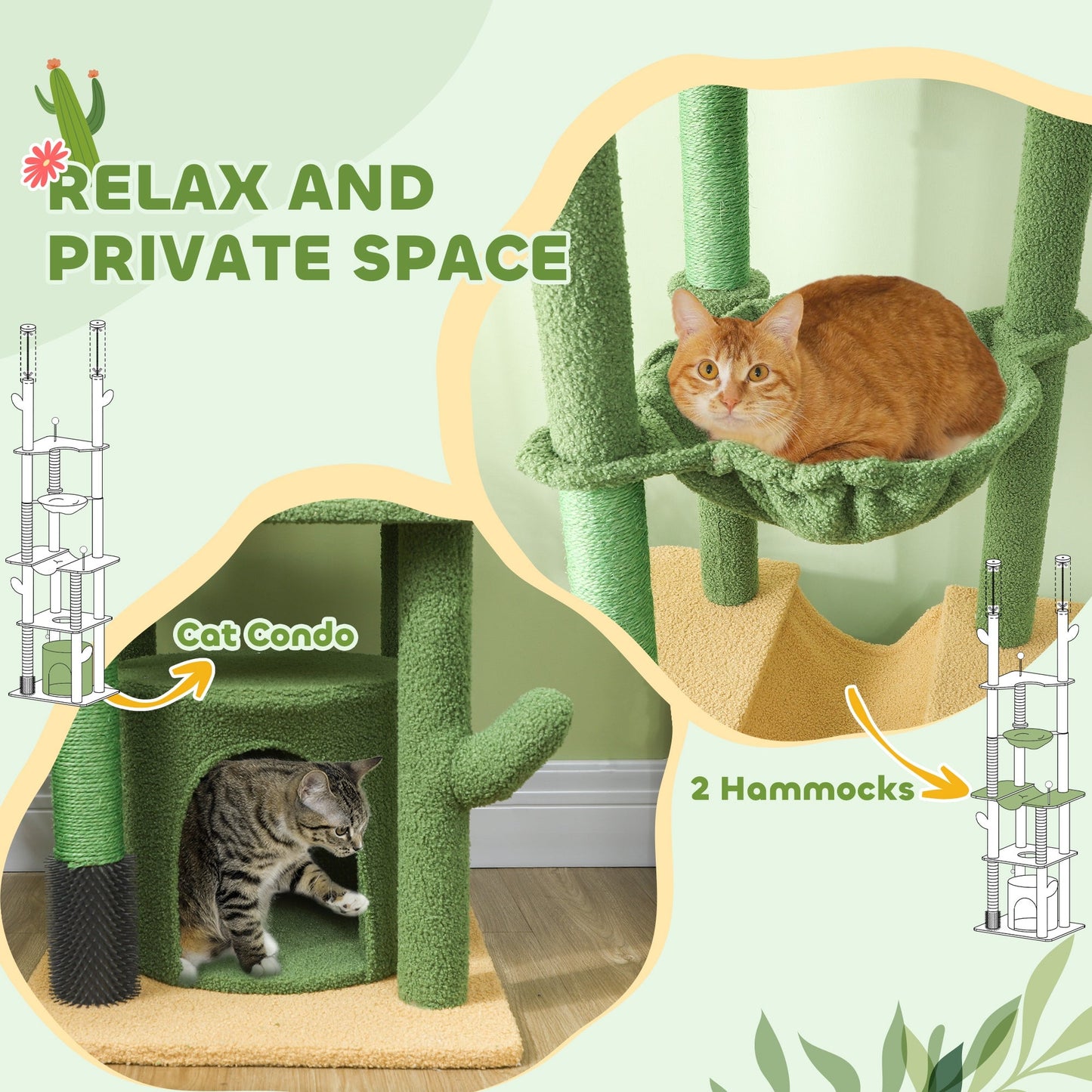 225-255cm Height Adjustable Floor to Ceiling Cat Tree, Tall Cat Tower for Indoor Cats w/ Scratching Posts - Green-4