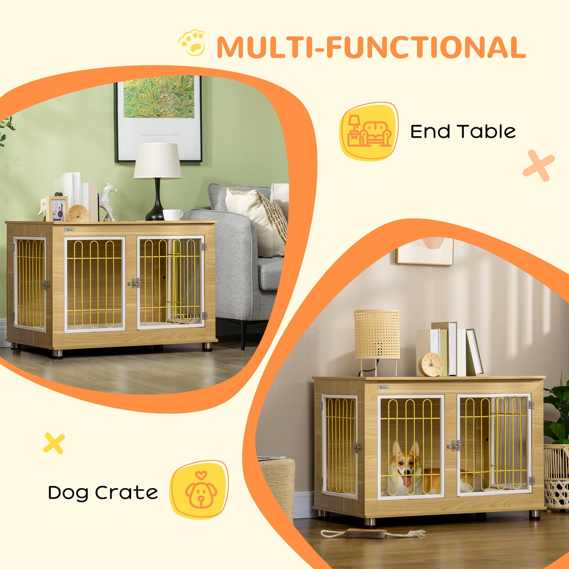 Dog Crate Furniture, Dog Cage End Table. with Soft Cushion, Double Door - Oak Tone-4