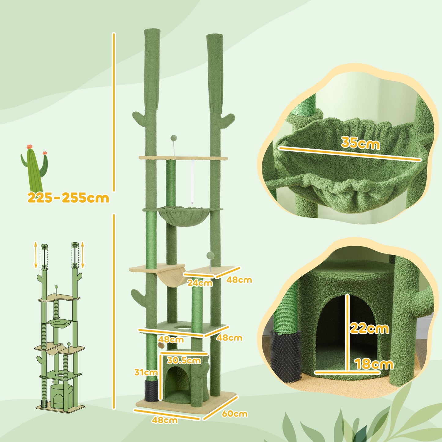 225-255cm Height Adjustable Floor to Ceiling Cat Tree, Tall Cat Tower for Indoor Cats w/ Scratching Posts - Green-2