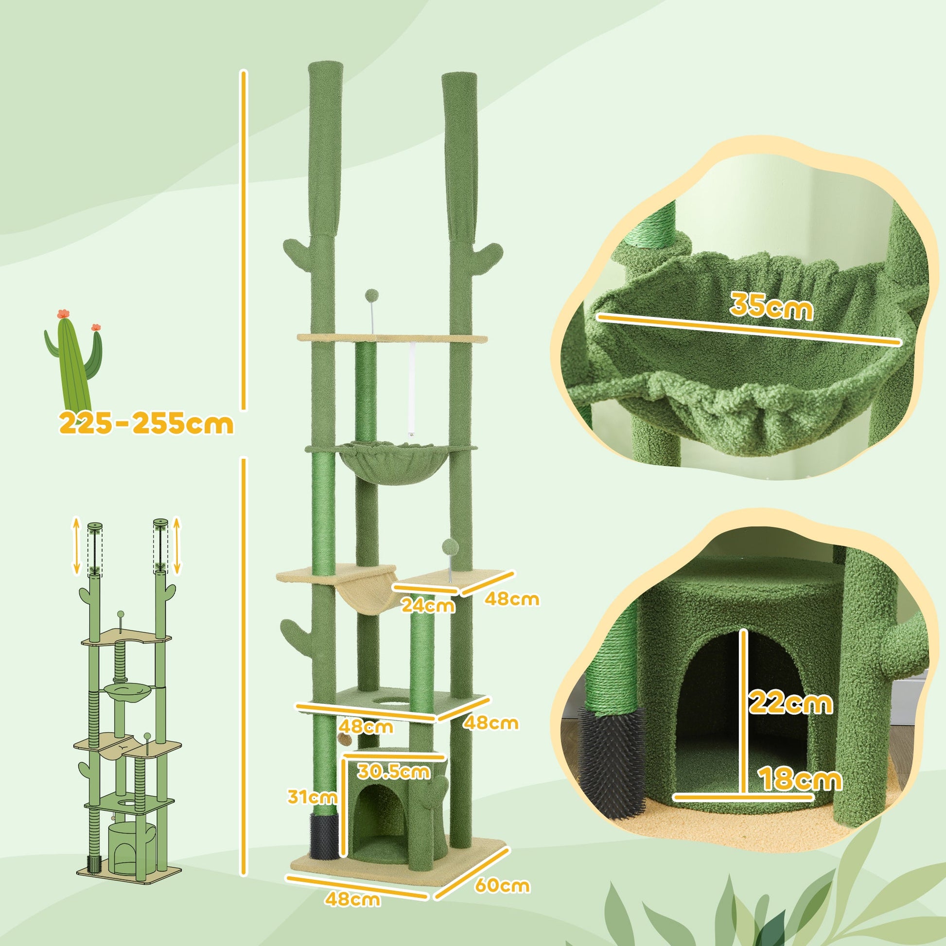 225-255cm Height Adjustable Floor to Ceiling Cat Tree, Tall Cat Tower for Indoor Cats w/ Scratching Posts - Green-2