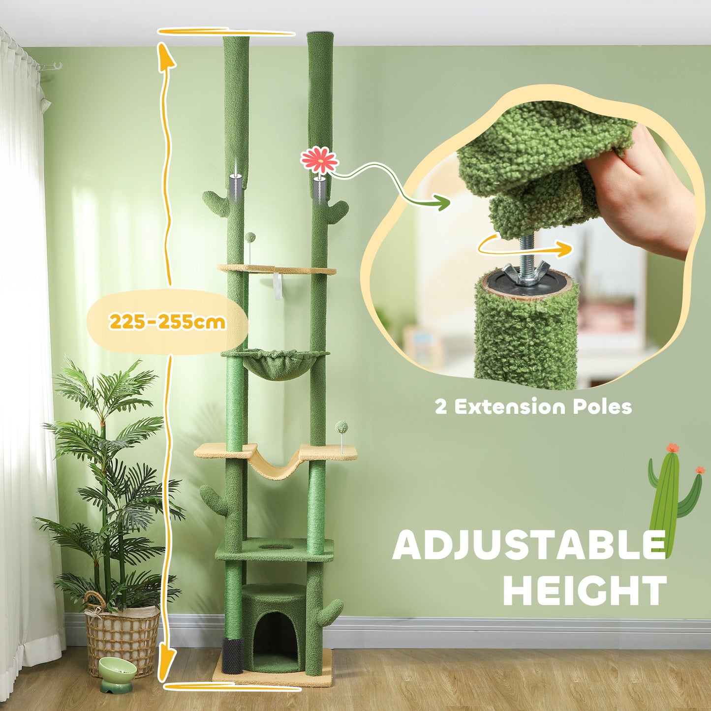 225-255cm Height Adjustable Floor to Ceiling Cat Tree, Tall Cat Tower for Indoor Cats w/ Scratching Posts - Green-3