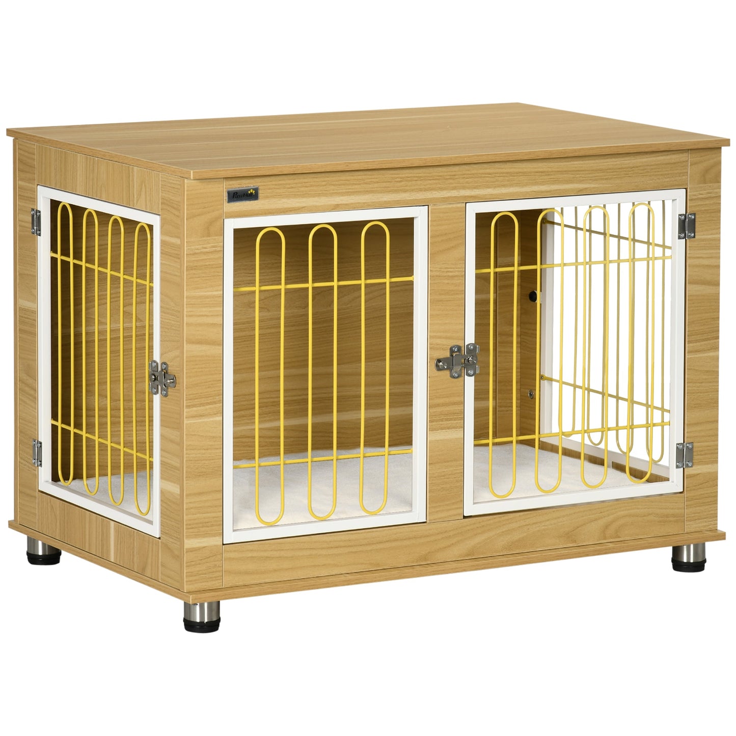Dog Crate Furniture, Dog Cage End Table. with Soft Cushion, Double Door - Oak Tone-0