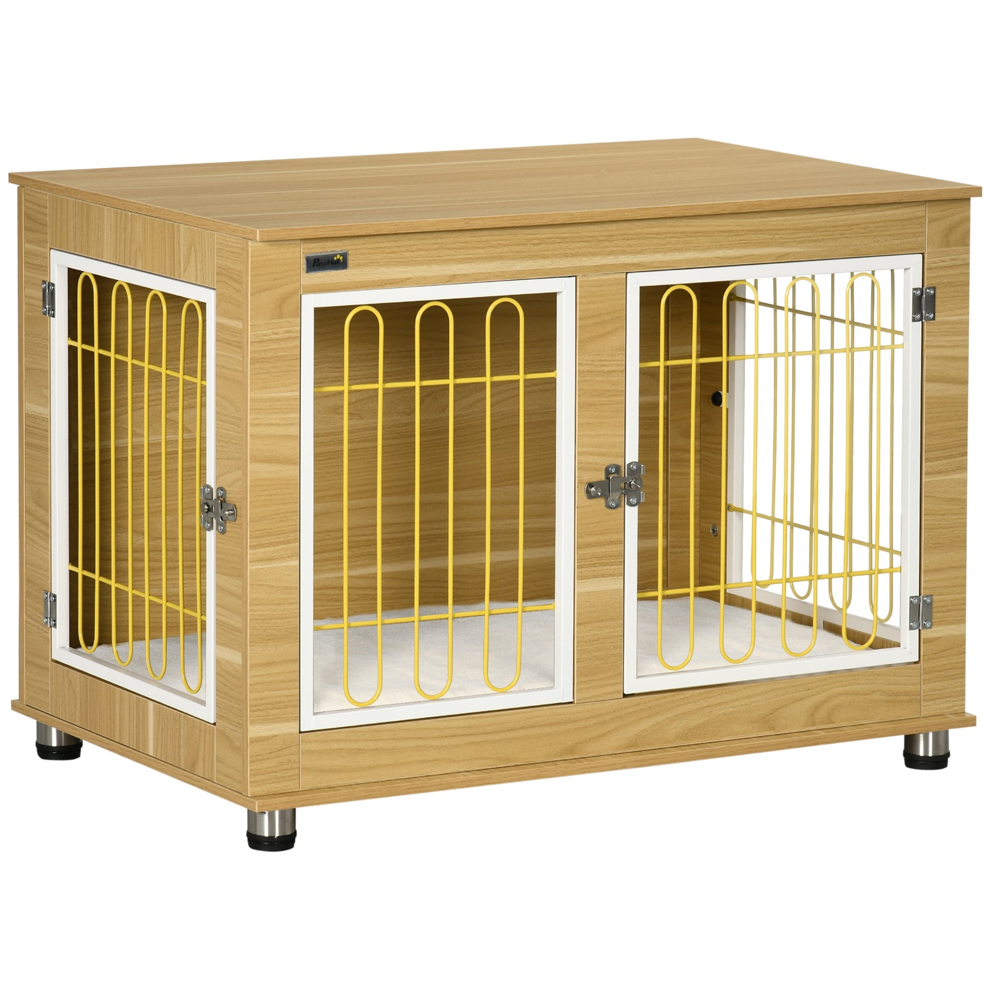 Dog Crate Furniture, Dog Cage End Table. with Soft Cushion, Double Door - Oak Tone-0