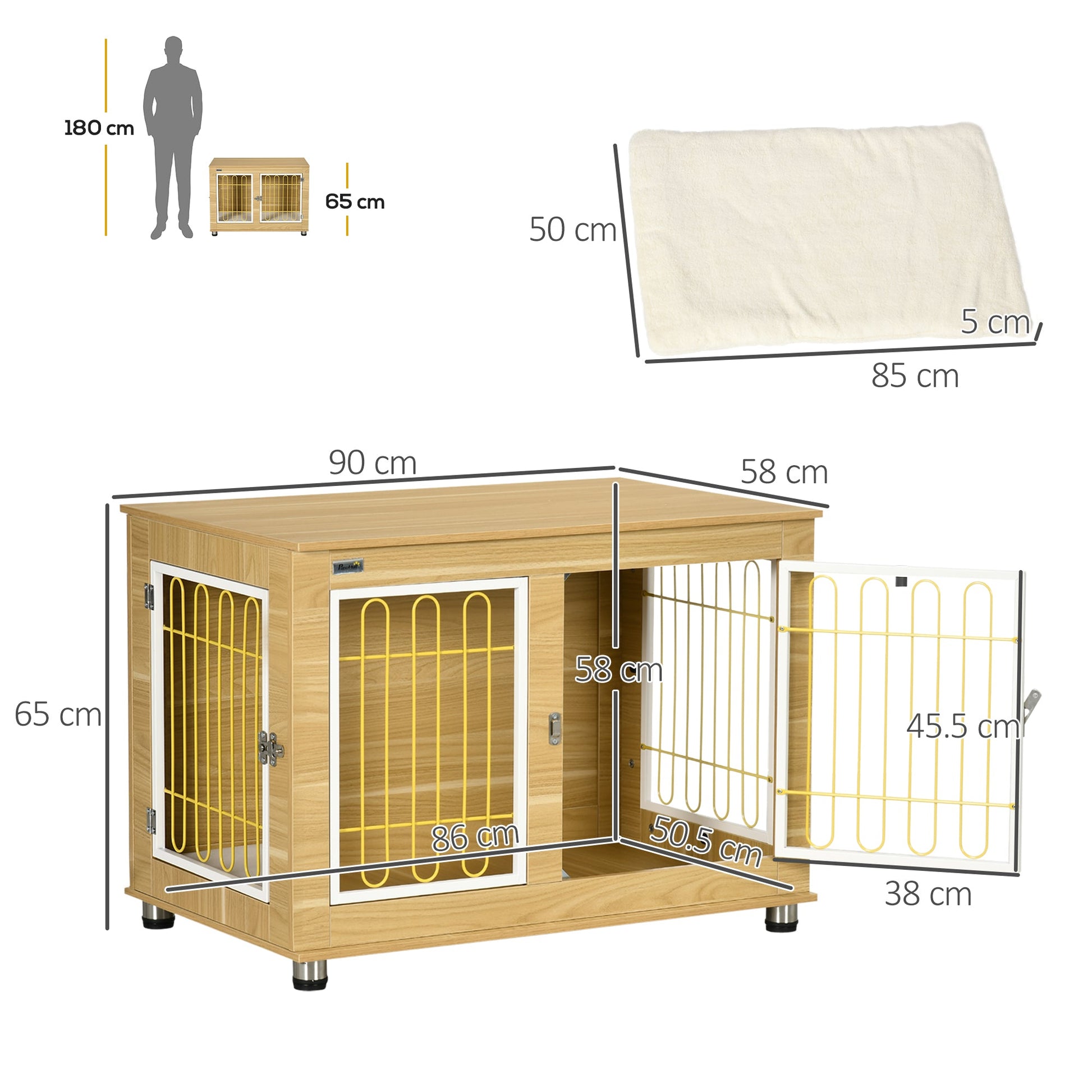 Dog Crate Furniture, Dog Cage End Table. with Soft Cushion, Double Door - Oak Tone-2