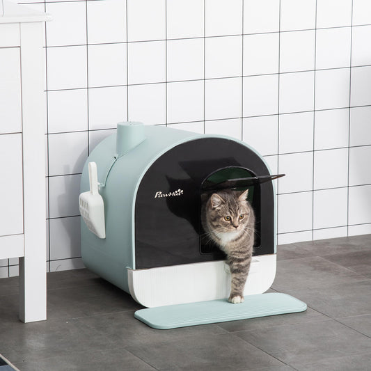 Cat Litter Box Kitten Litter Tray with Hood Scoop Filter Flap Door, 43x44x47 cm, Green-0