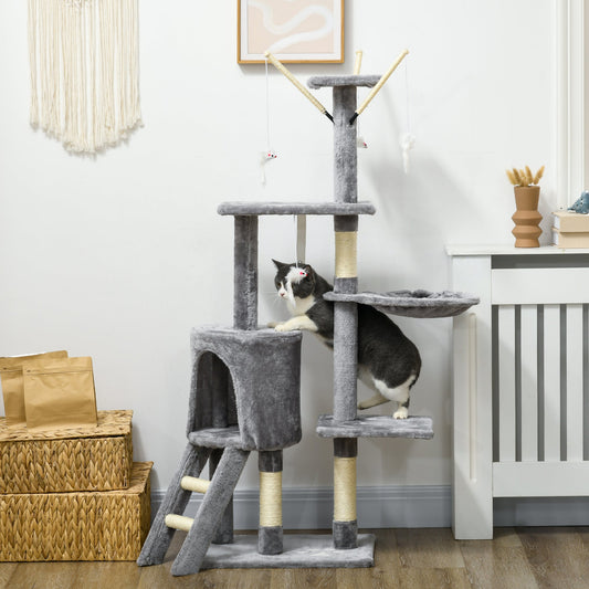 Cat Scratching Post Cat Tree for Indoor Cats Climbing Tower Scratcher w/ Ladder Kitty Activity Centre 135cm Grey-1