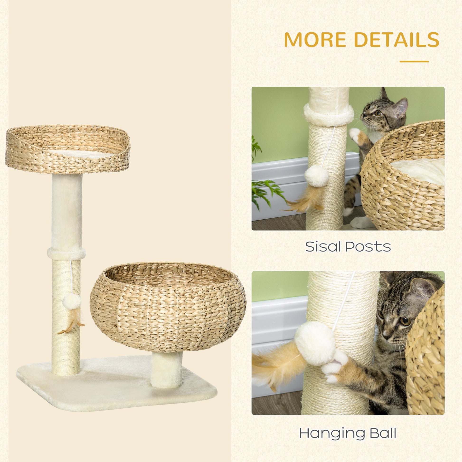 72cm Cat Tree, Kitty Activity Center, Cat Climbing Toy, Cat Tower with 2 Cattail Beds Ball Toy Sisal Scratching Post, Beige-4