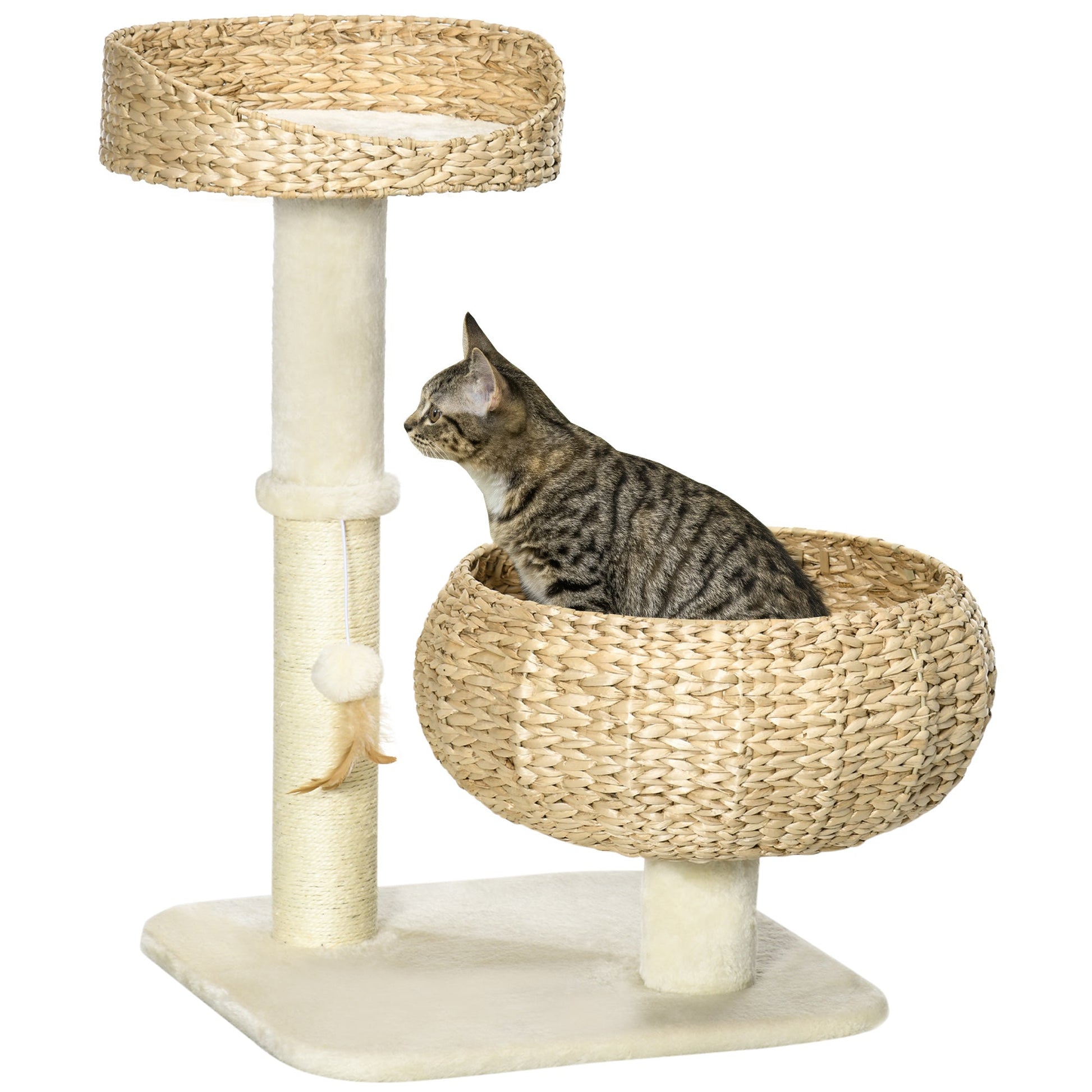 72cm Cat Tree, Kitty Activity Center, Cat Climbing Toy, Cat Tower with 2 Cattail Beds Ball Toy Sisal Scratching Post, Beige-0