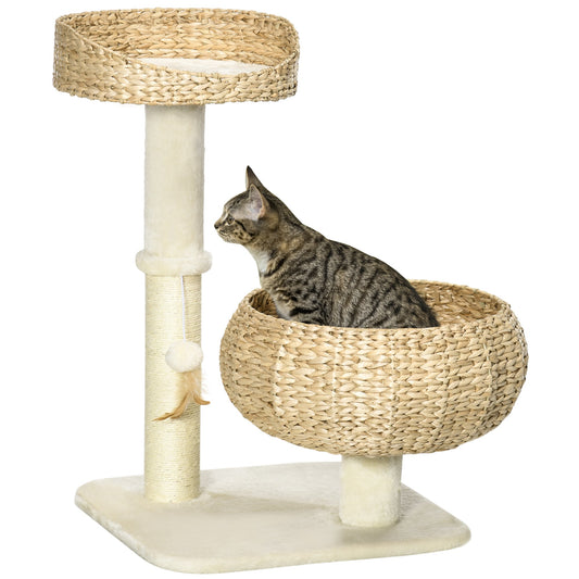 72cm Cat Tree, Kitty Activity Center, Cat Climbing Toy, Cat Tower with 2 Cattail Beds Ball Toy Sisal Scratching Post, Beige-0