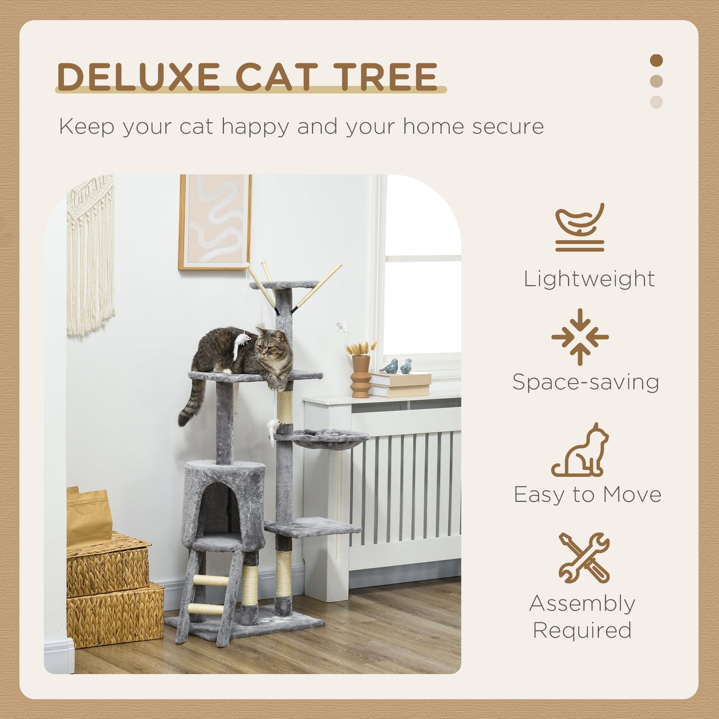 Cat Scratching Post Cat Tree for Indoor Cats Climbing Tower Scratcher w/ Ladder Kitty Activity Centre 135cm Grey-3