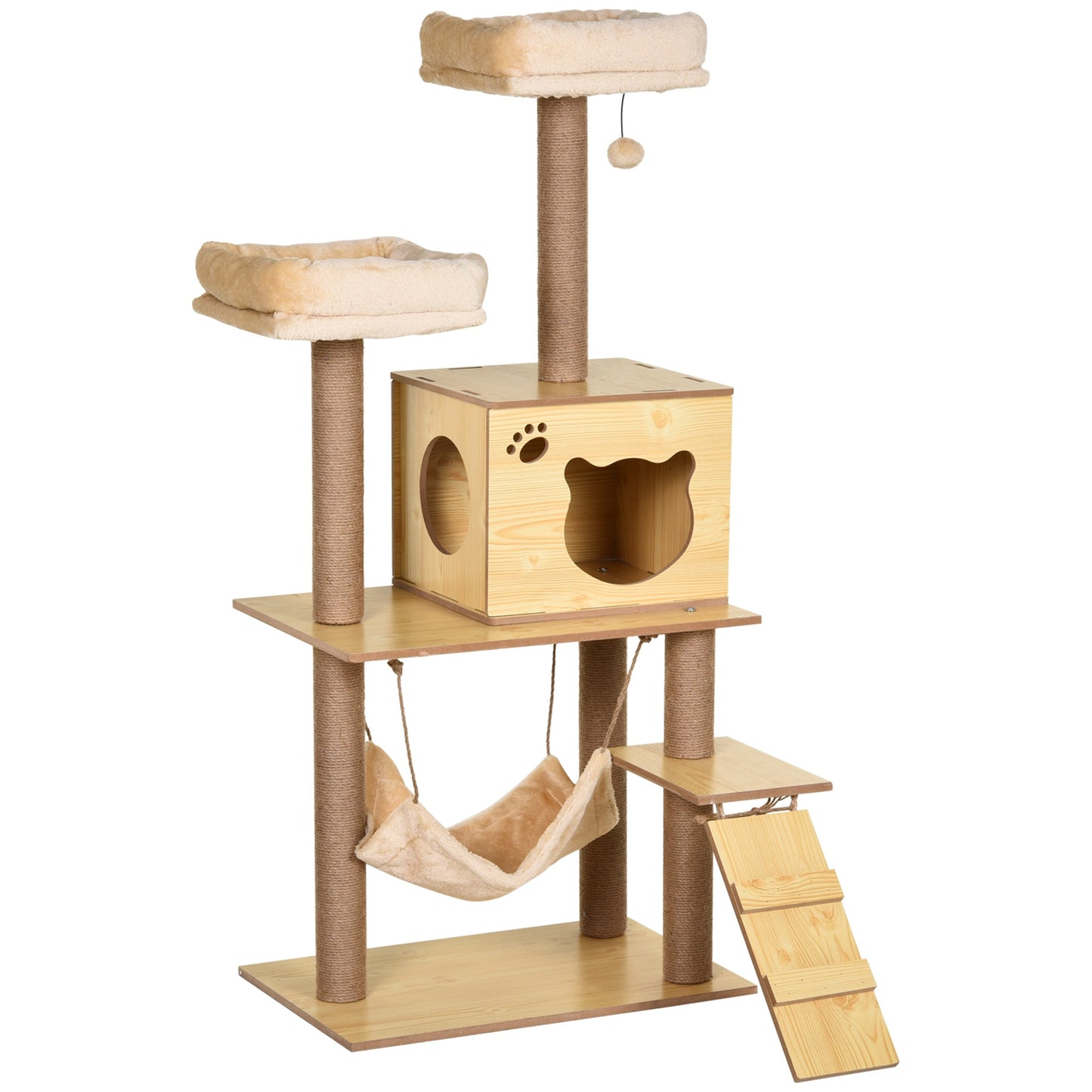 Cat Tree, 130cm Cat Tree for Indoor, Multi-Level Plush Cat Climbing Tower w/ Scratching Posts, Perches, Cat Condo, Ball for Large Cat, Yellow-0