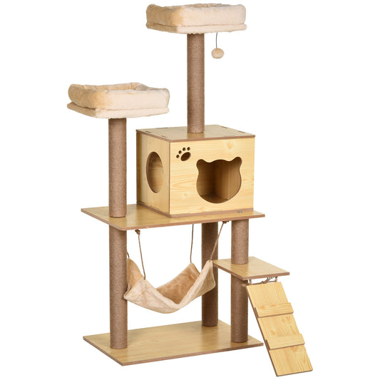 Cat Tree, 130cm Cat Tree for Indoor, Multi-Level Plush Cat Climbing Tower w/ Scratching Posts, Perches, Cat Condo, Ball for Large Cat, Yellow-0