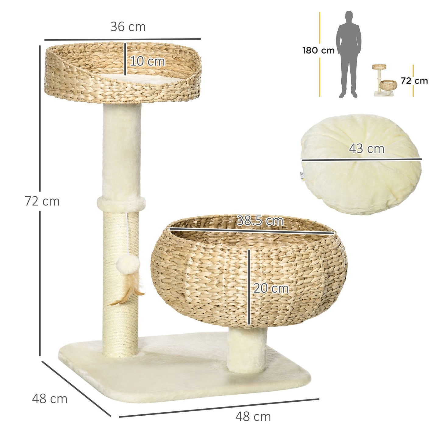 72cm Cat Tree, Kitty Activity Center, Cat Climbing Toy, Cat Tower with 2 Cattail Beds Ball Toy Sisal Scratching Post, Beige-2
