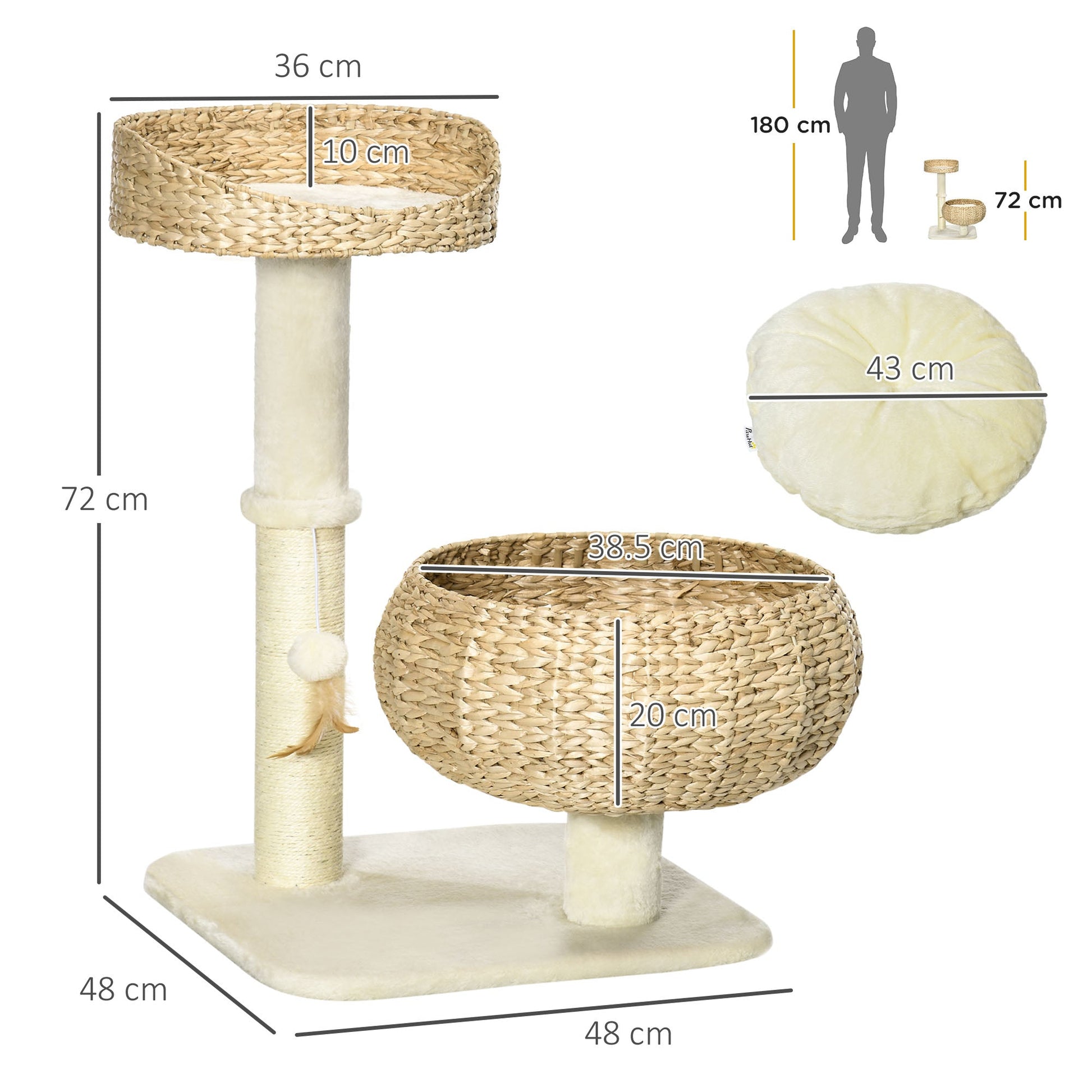 72cm Cat Tree, Kitty Activity Center, Cat Climbing Toy, Cat Tower with 2 Cattail Beds Ball Toy Sisal Scratching Post, Beige-2