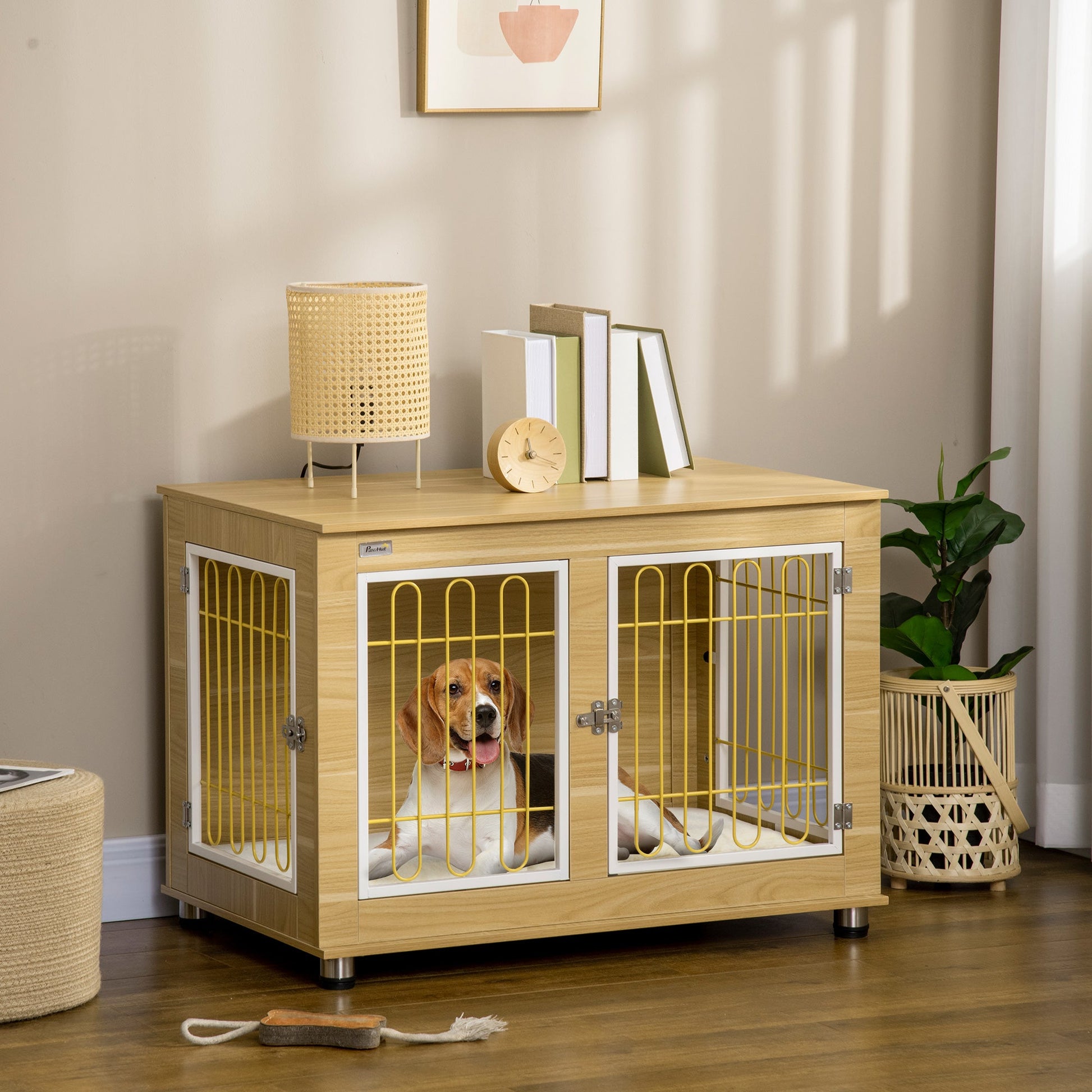 Dog Crate Furniture, Dog Cage End Table. with Soft Cushion, Double Door - Oak Tone-1