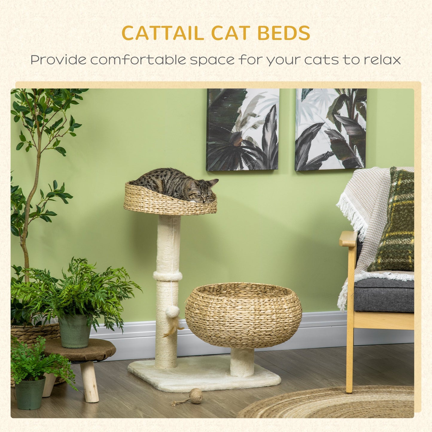 72cm Cat Tree, Kitty Activity Center, Cat Climbing Toy, Cat Tower with 2 Cattail Beds Ball Toy Sisal Scratching Post, Beige-3