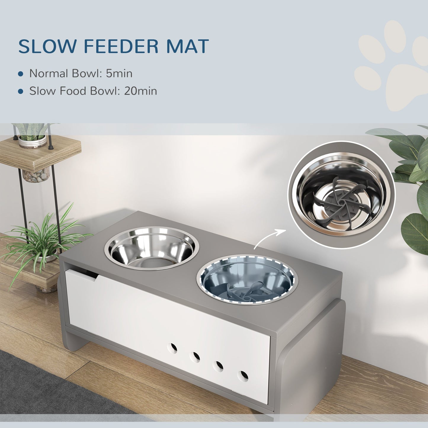 3 Height Adjustable Raised Dog Bowls, Dog Feeding Storage Station w/ Slow Feeder Mat, 2 Stainless Steel Bowls-4