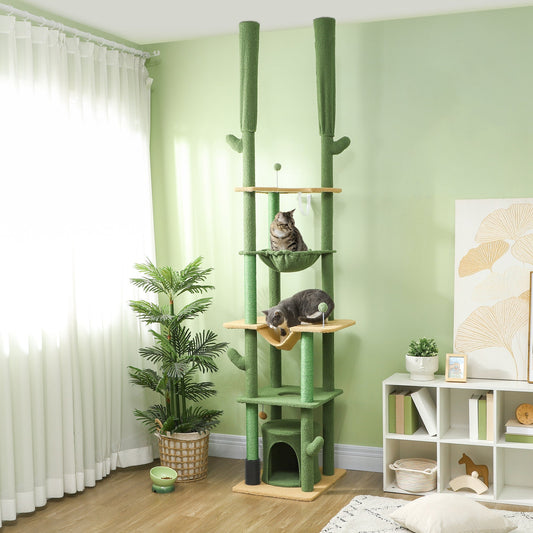 225-255cm Height Adjustable Floor to Ceiling Cat Tree, Tall Cat Tower for Indoor Cats w/ Scratching Posts - Green-1