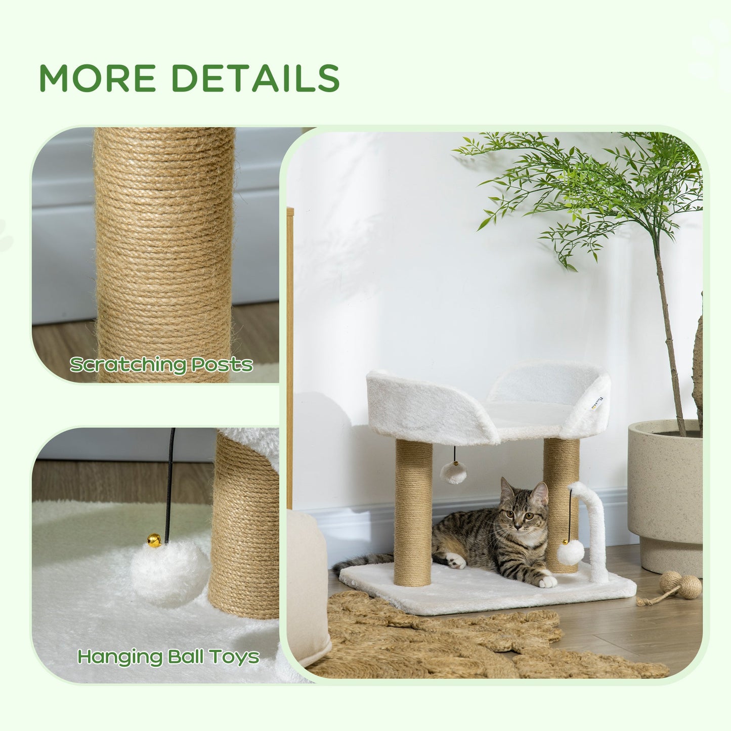42cm Indoor Cat Tree, Small Cat Tree with Sisal Scratching Post Kitten Bed with Toy Balls, Climbing Tower Bedding, White-4