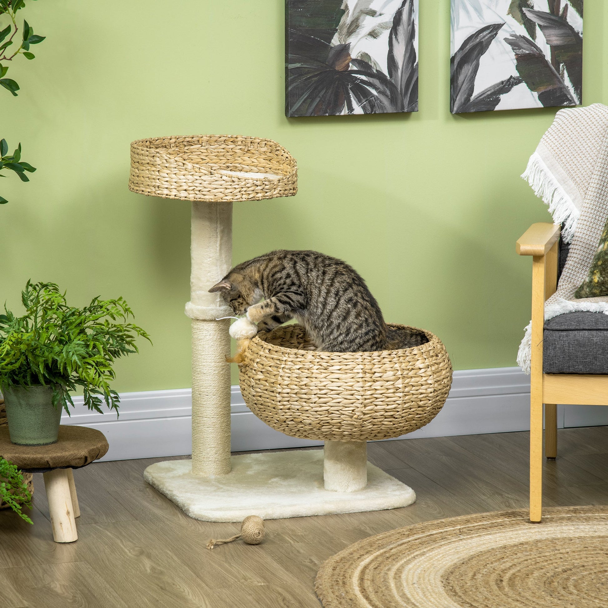 72cm Cat Tree, Kitty Activity Center, Cat Climbing Toy, Cat Tower with 2 Cattail Beds Ball Toy Sisal Scratching Post, Beige-1