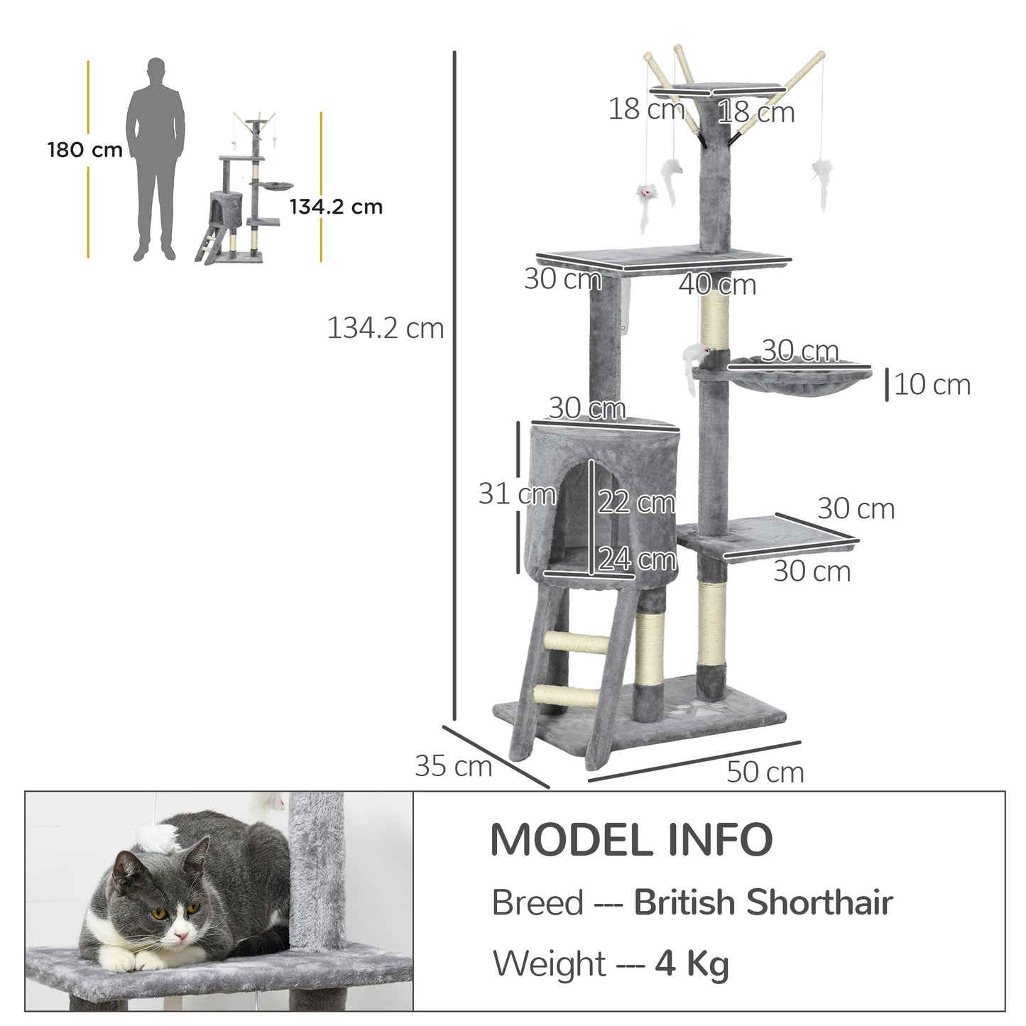 Cat Scratching Post Cat Tree for Indoor Cats Climbing Tower Scratcher w/ Ladder Kitty Activity Centre 135cm Grey-2